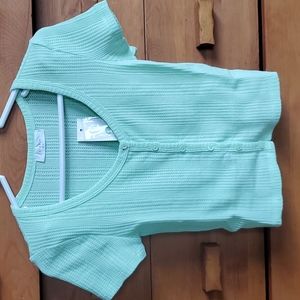 NWT Elodie: Waffle-Knit Short-sleeve Button-up Crop-tee, neon green
